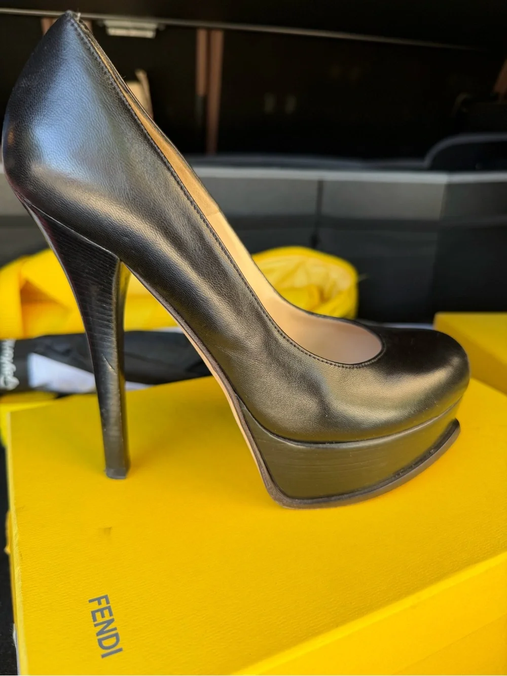 Fendi Black Leather Platform Pumps with Gold FF Logo